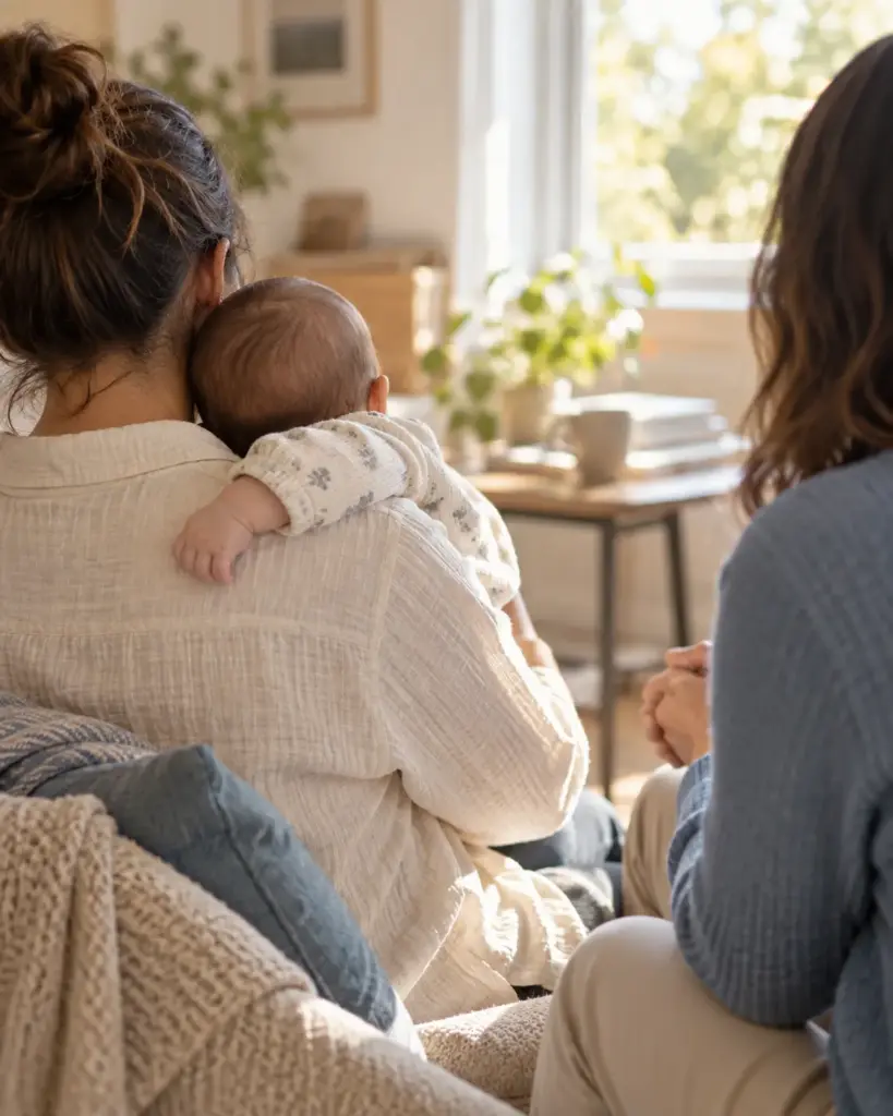 Una madre con su bebé conversa en un espacio de acompañamiento