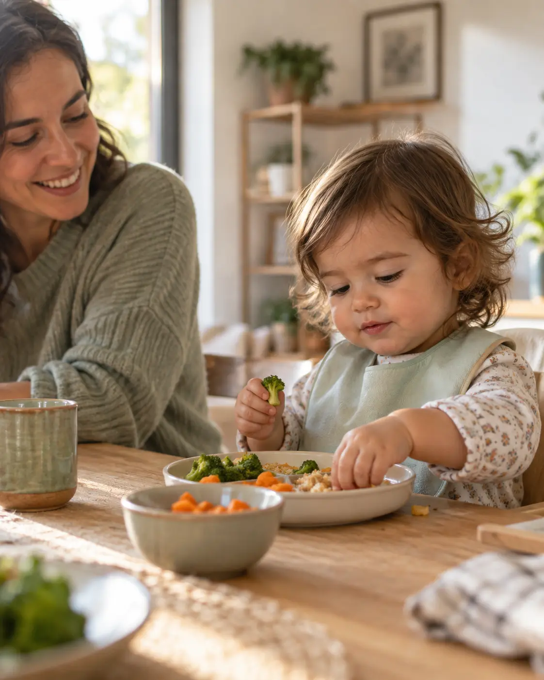 Niña pequeña comiendo de forma autónoma con su madre en la mesa.