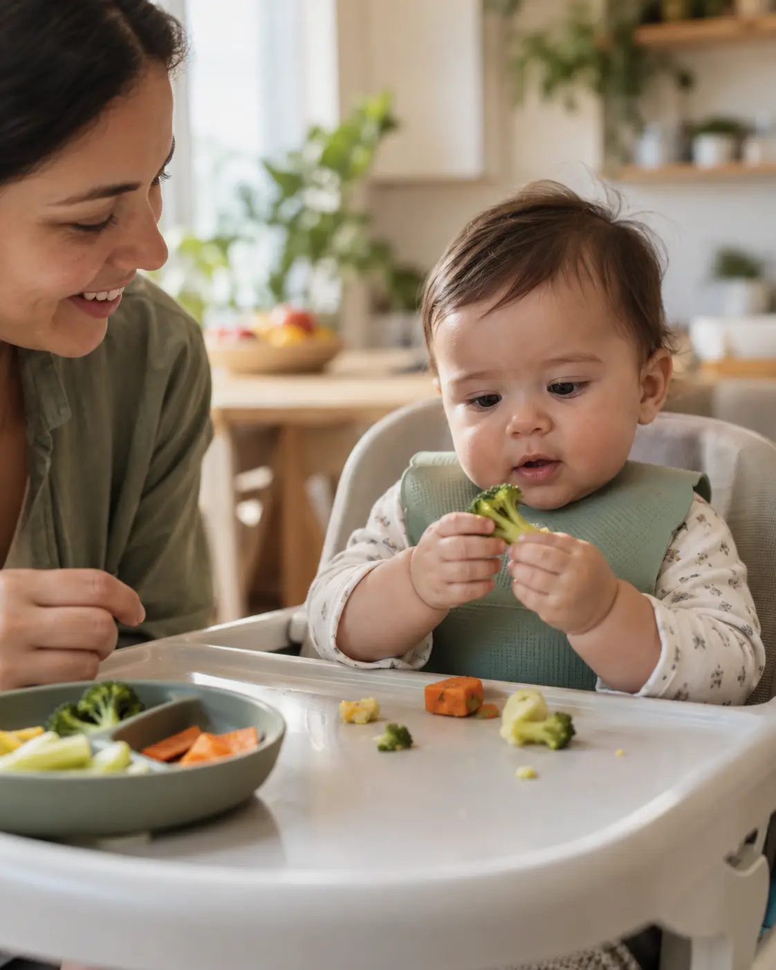 Bebé explorando un alimento blando en la trona con su madre cerca.