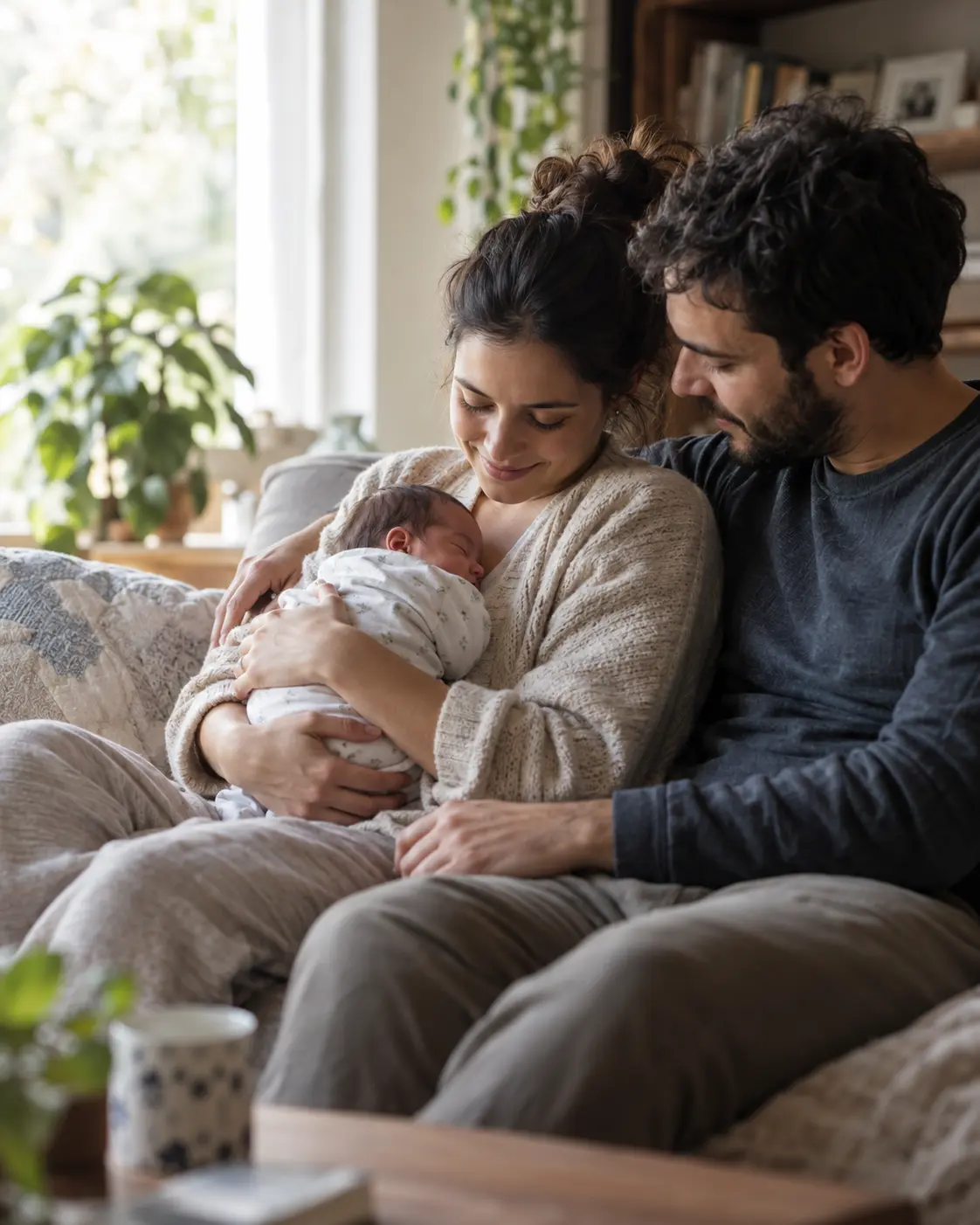 Familia descansando en casa con su bebé recién nacido.