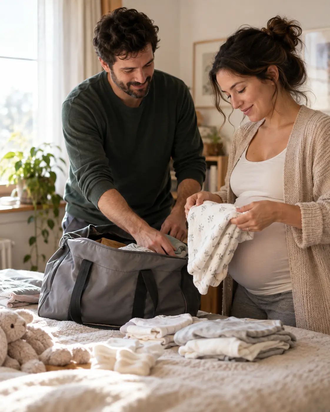 Pareja preparando ropa de bebé y una bolsa antes del nacimiento.
