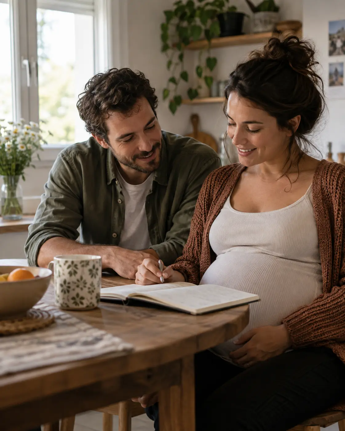 Pareja embarazada revisando un cuaderno en casa.