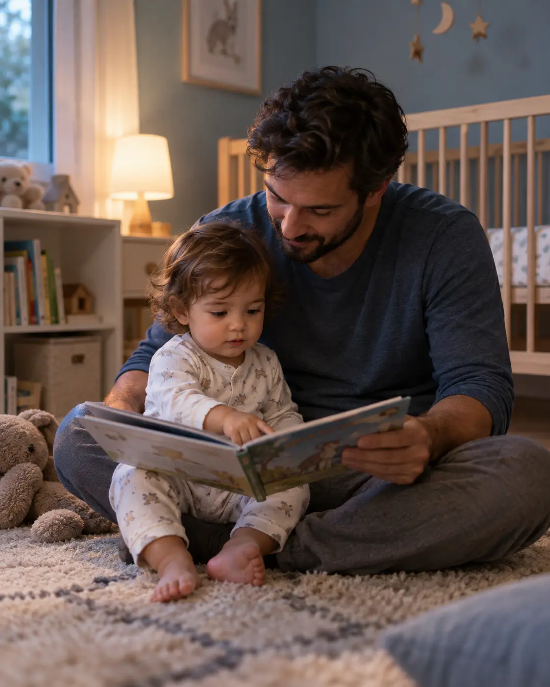 Padre leyendo un cuento con su hijo pequeño antes de dormir.