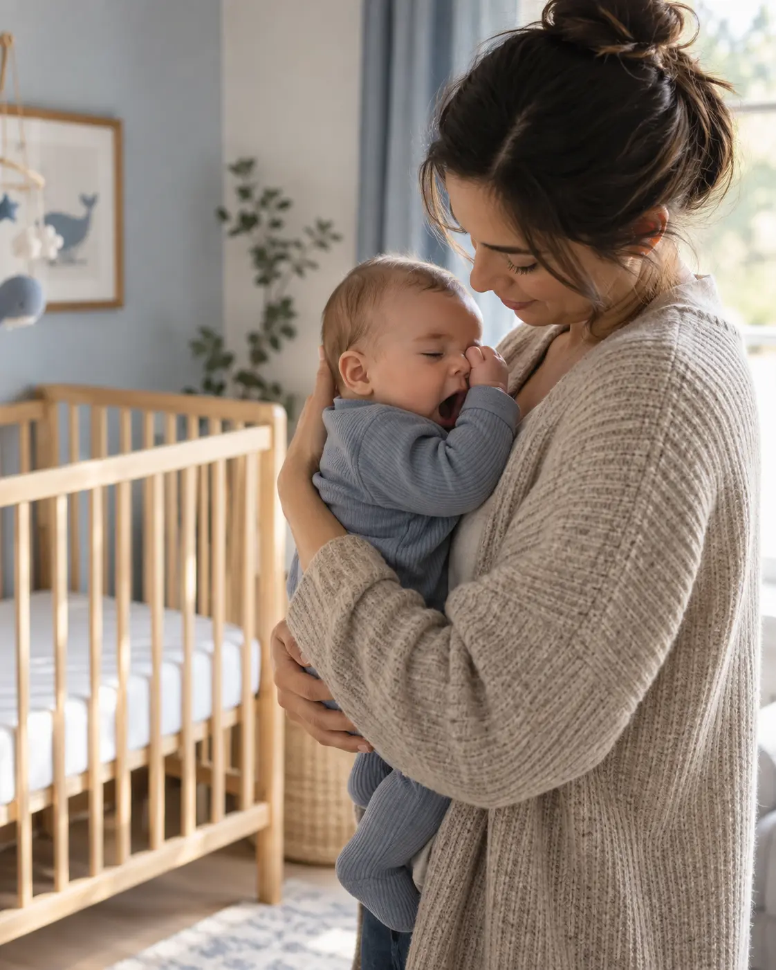 Madre sosteniendo a su bebé cerca de la cuna antes de dormir.