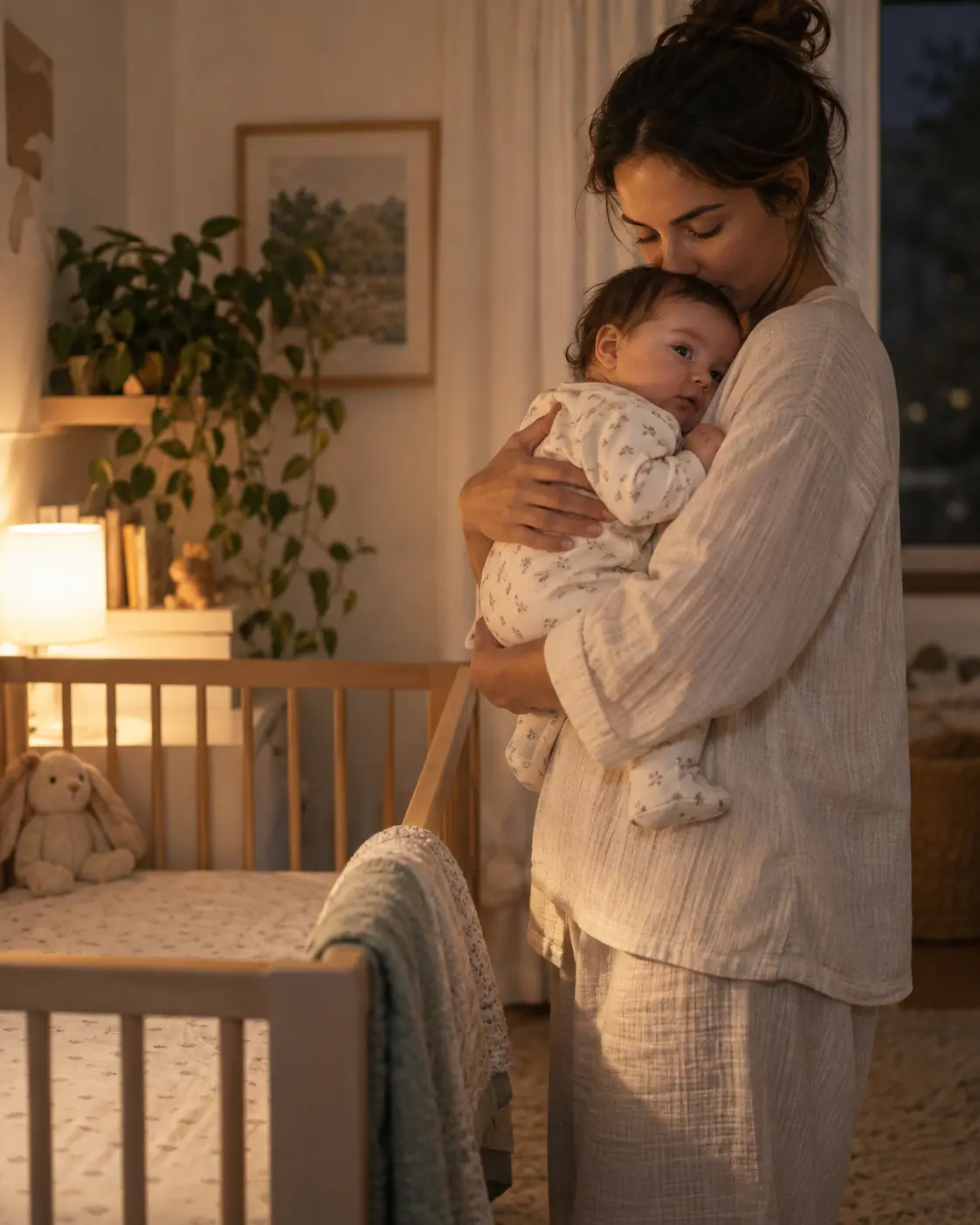 Madre sosteniendo a su bebé junto a la cuna al comenzar la rutina de sueño.