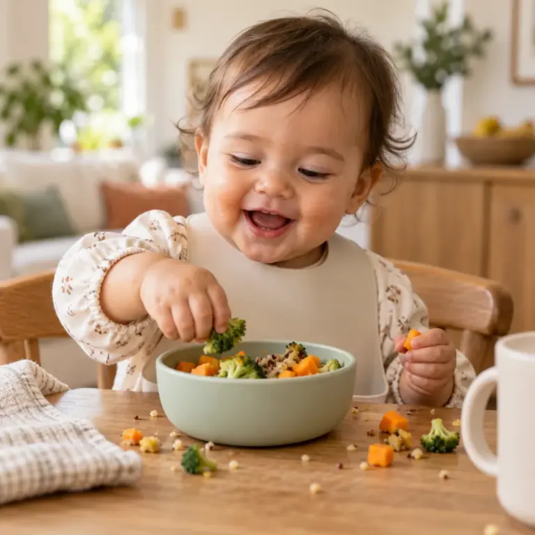 Bebé explora alimentos en la mesa familiar