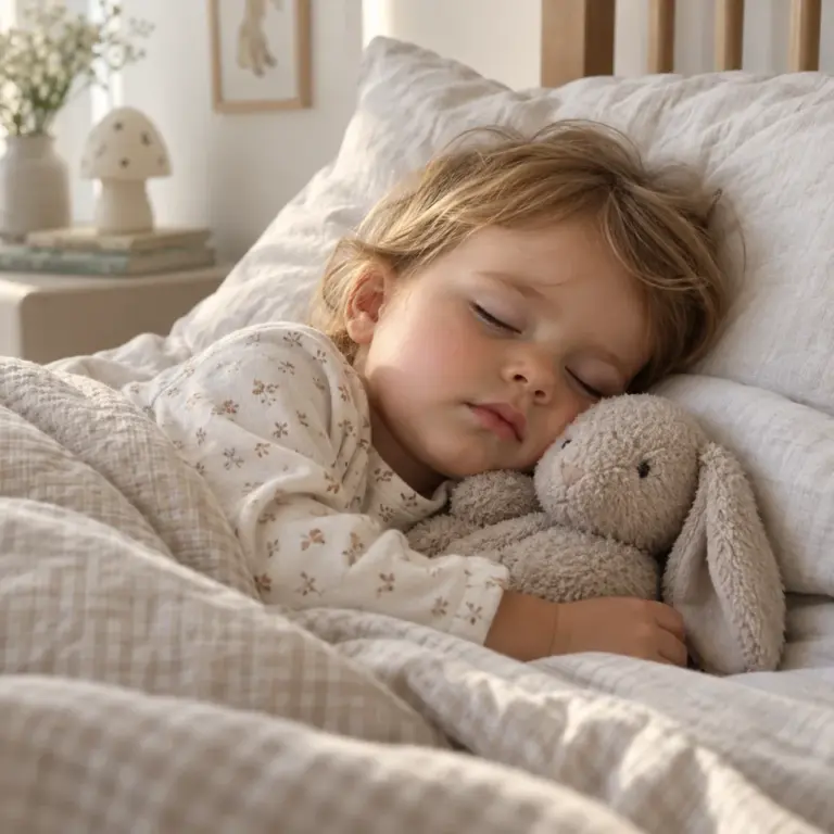 Niña pequeña duerme junto a su peluche
