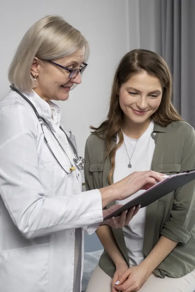 Médica explicando información a una paciente durante una consulta